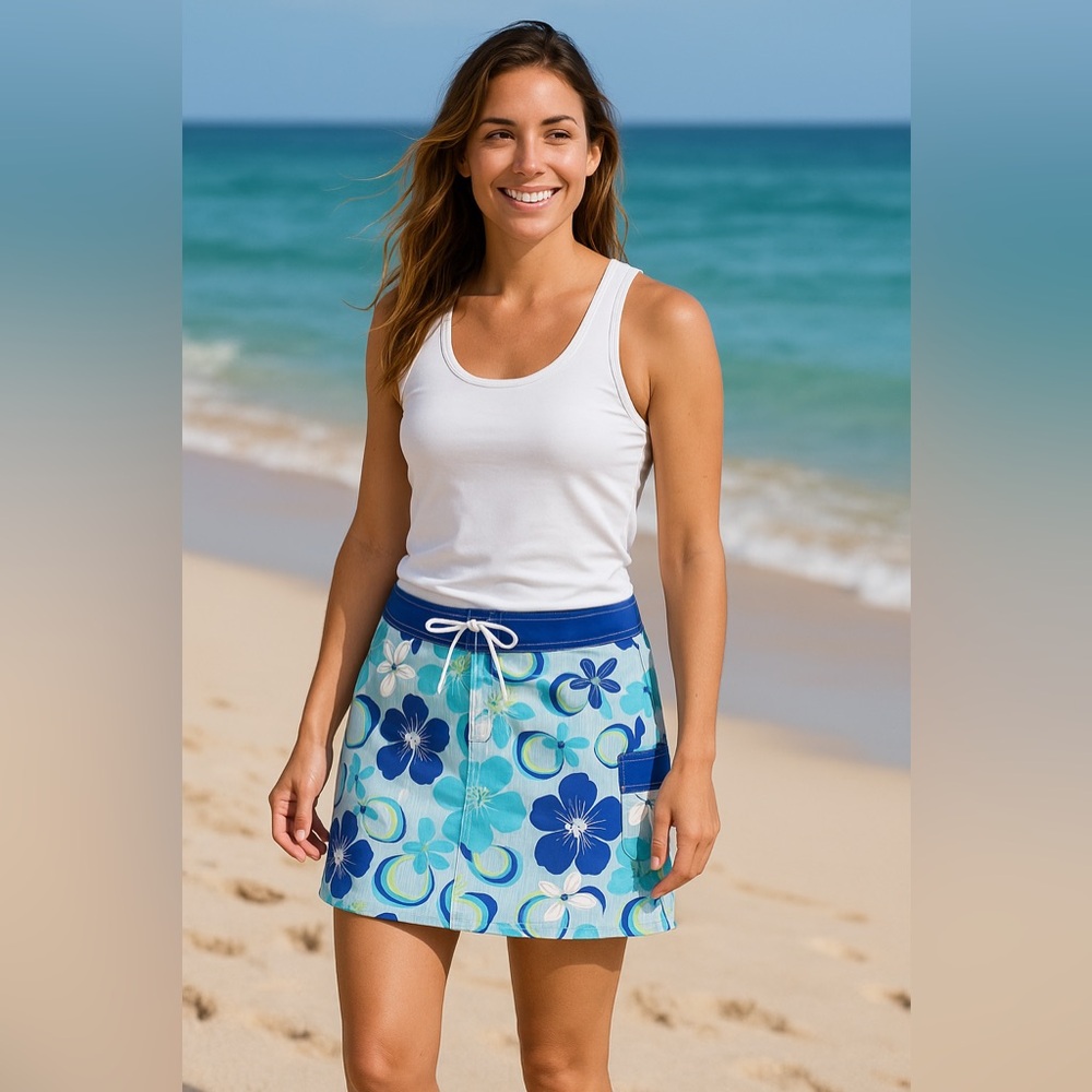 Water Girl by Patagonia Blue Print Hiking Surf  Skirt Size 6 Hibiscus comfort‎